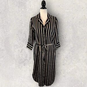 NWT 7 for all Mankind Shirt Dress Button Front Belted Black Gold Stripe Size XS